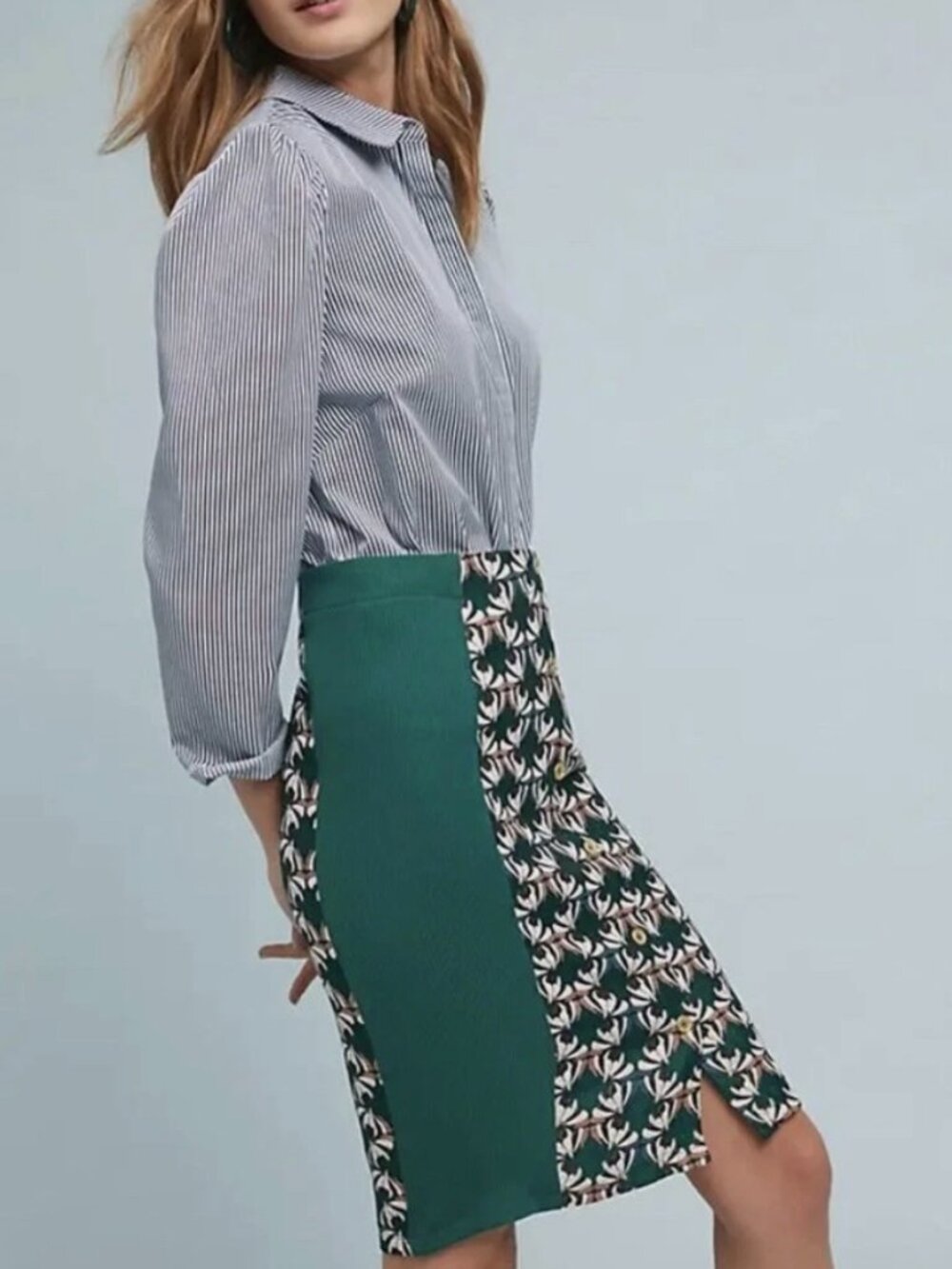 Anthropologie Dolan Left Coast Green Jacquard Button Down Pencil Skirt Sz XS - Picture 2 of 9